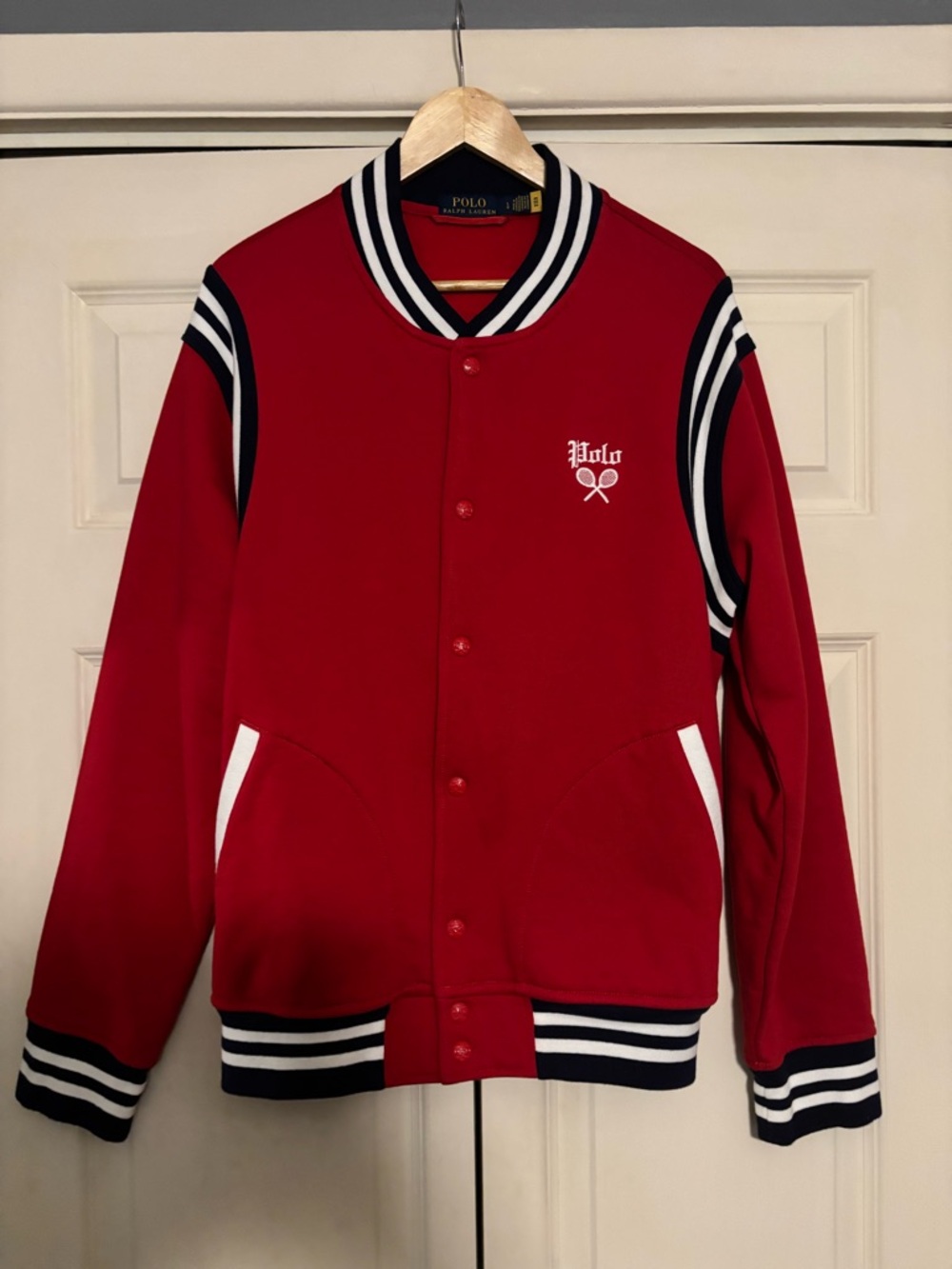 Polo by Ralph Lauren Red Varsity Jacket with Black & White Trim. Never worn